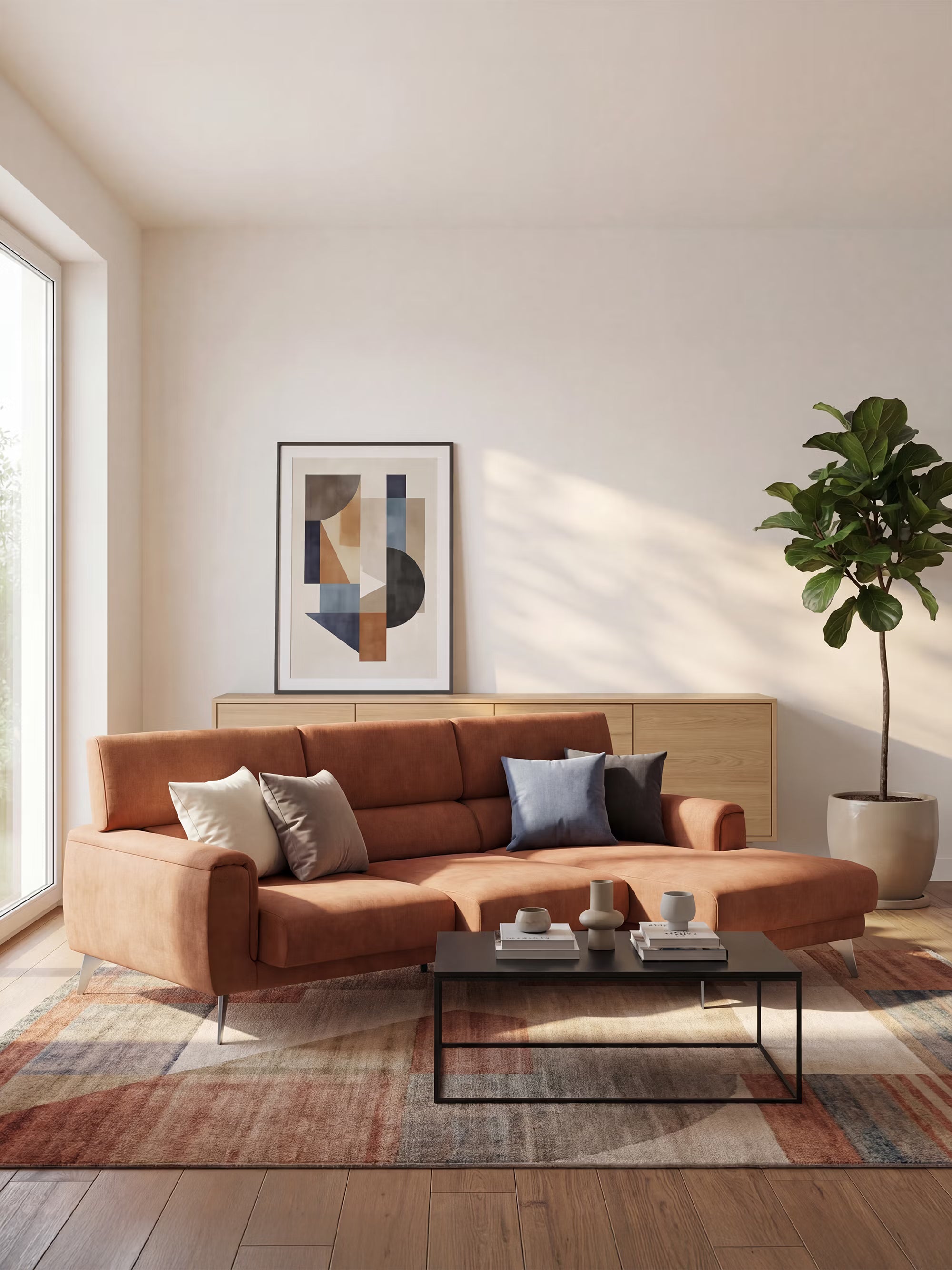 Caravaggio Ecksofa mit Chaise Longue und verschiebbaren Sitzen aus schmutzabweisendem Stoff